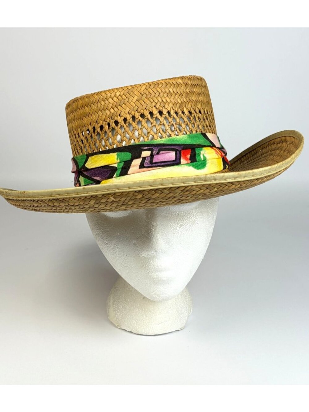Vintage Woven Straw Western Hat Colorful Band Lightweight Size L Made in USA